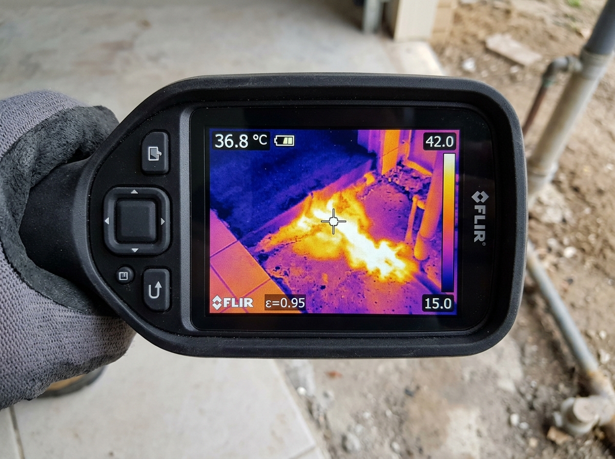 Thermal imaging scan highlighting a hot water slab leak on tile floor in Bossier City